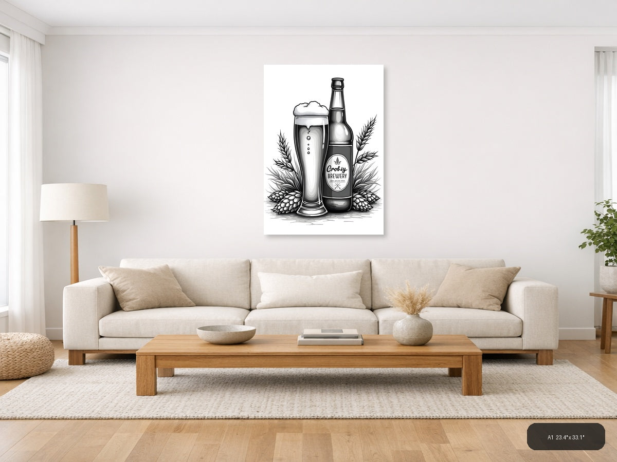 Craft Brewery Beer & Hops Line Art Wall Art — A1 / Living Room