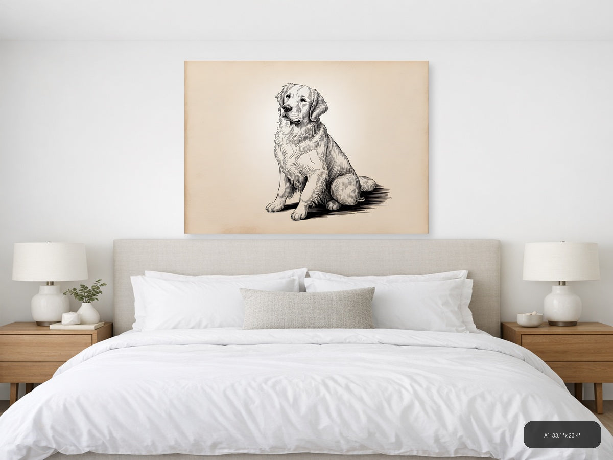 Golden Retriever Sitting Portrait Line Art Wall Art — A1 / Bedroom