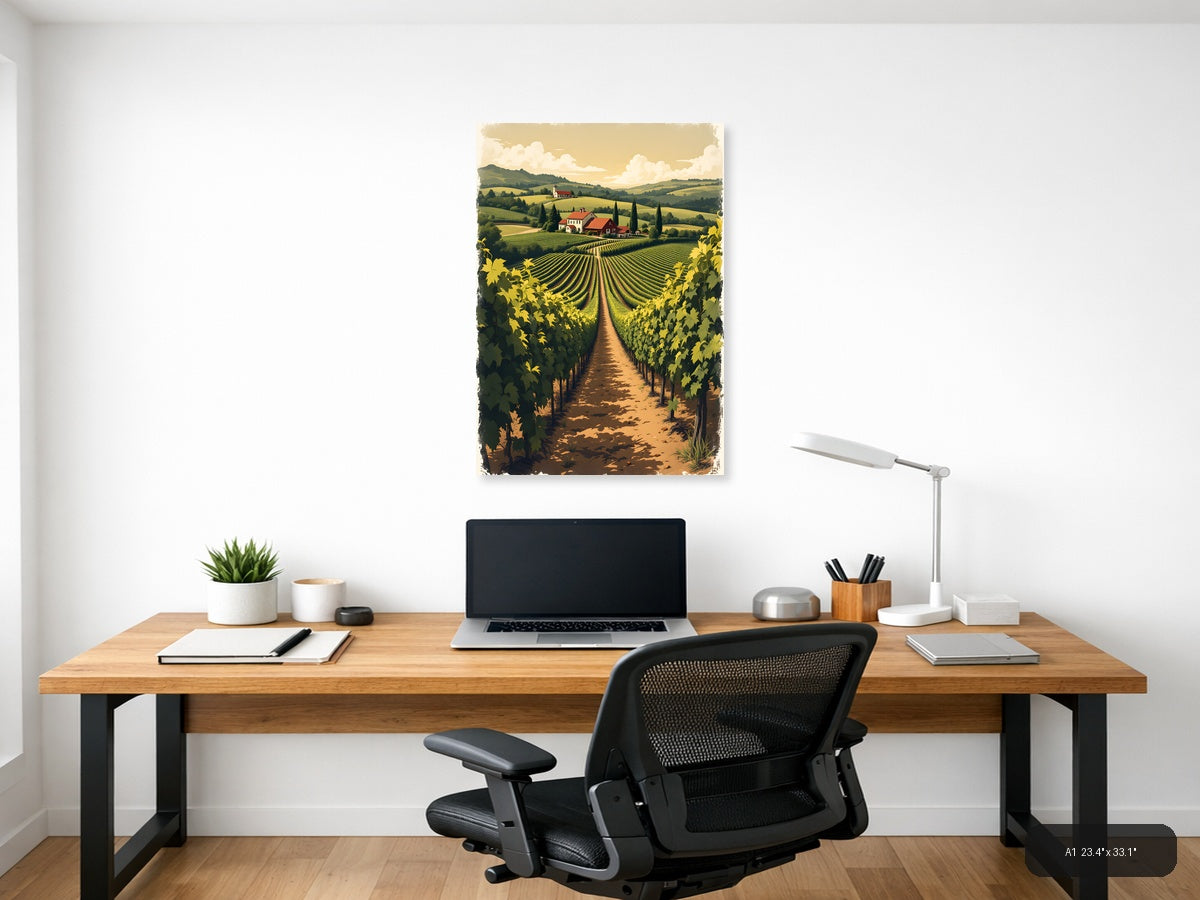 Vintage Vineyard Landscape with Farmhouse Wall Art — A1 / Office
