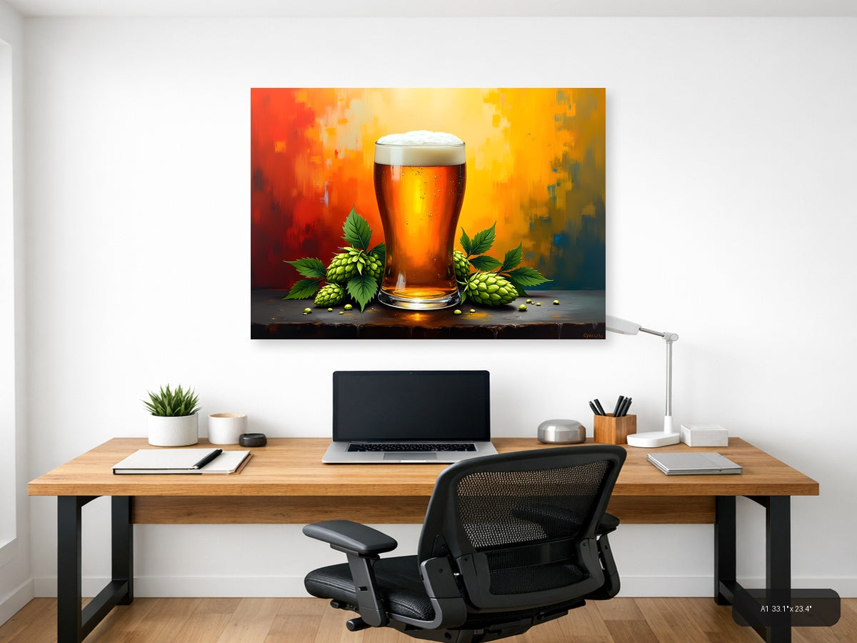Beer Glass Hops Abstract Orange Yellow Wall Art — A1 / Office