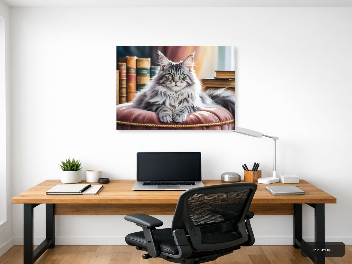 Majestic Long-Haired Cat Library Watercolor Wall Art — A2 / Office