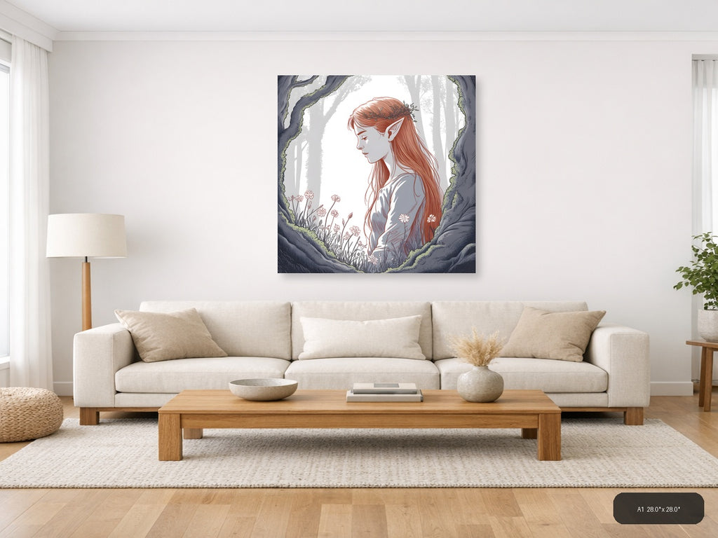 Forest Elf with Red Hair Line Art Wall Art — A1 / Living Room