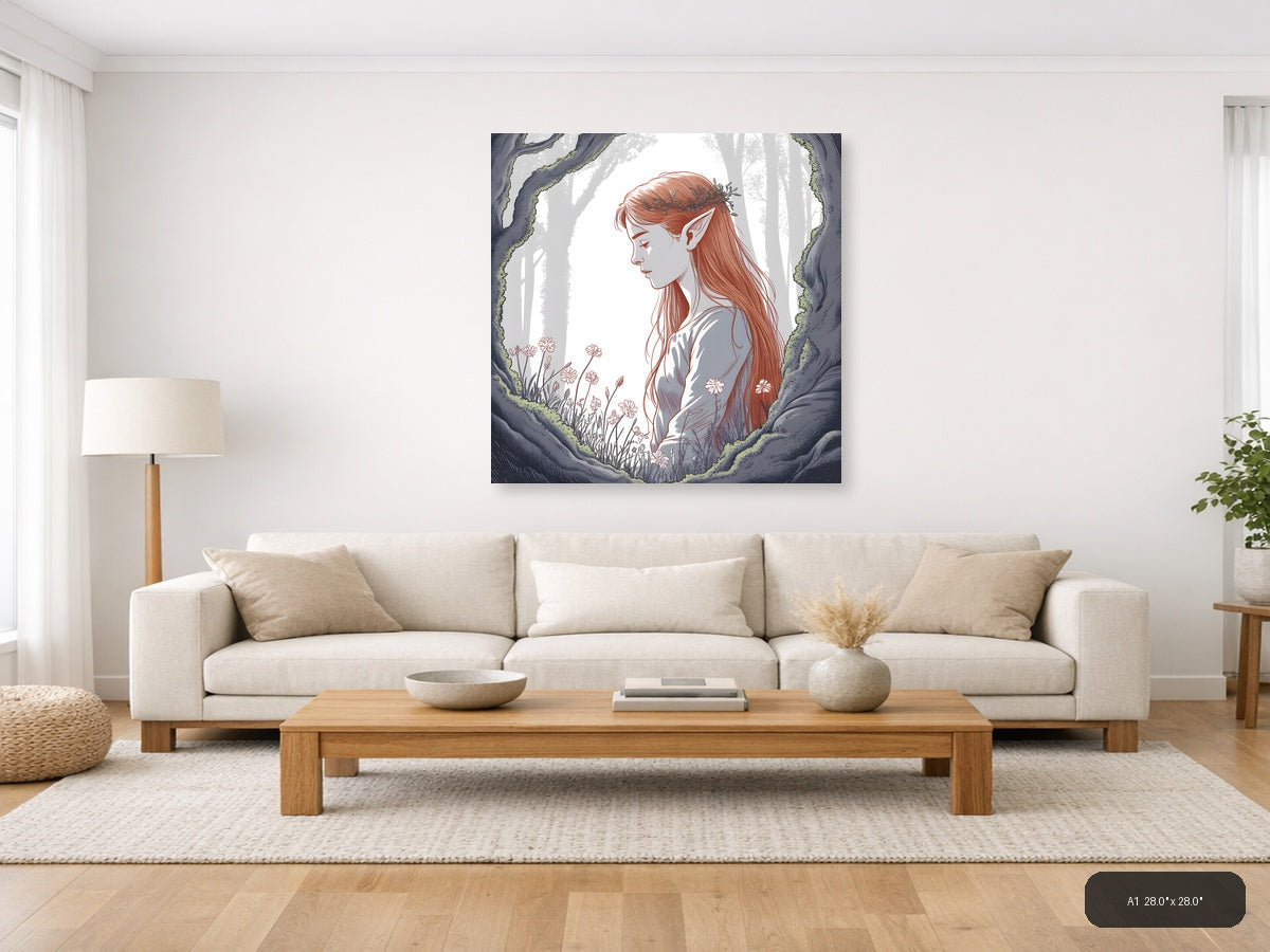 Forest Elf with Red Hair Line Art Wall Art — A1 / Living Room