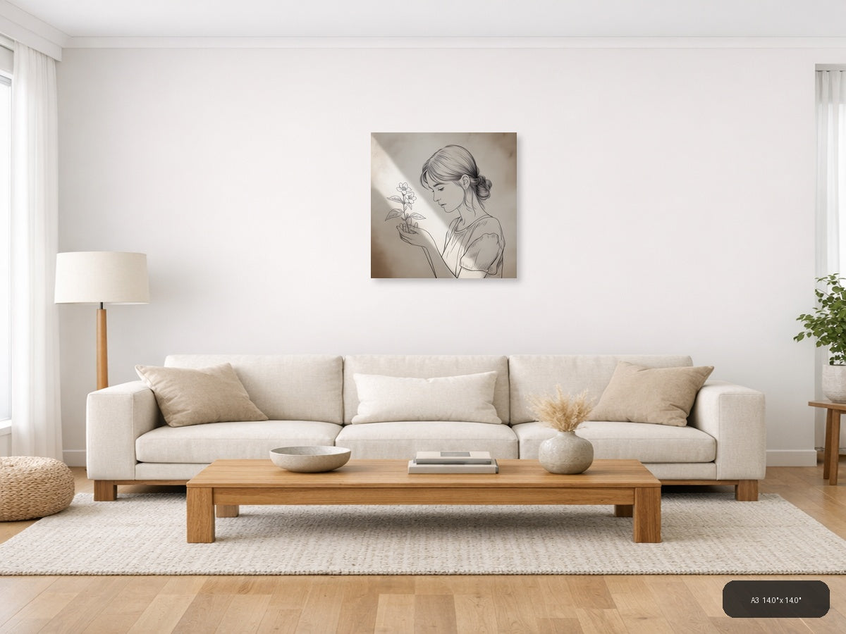 Woman with Flower Line Art Drawing Wall Art — A3 / Living Room