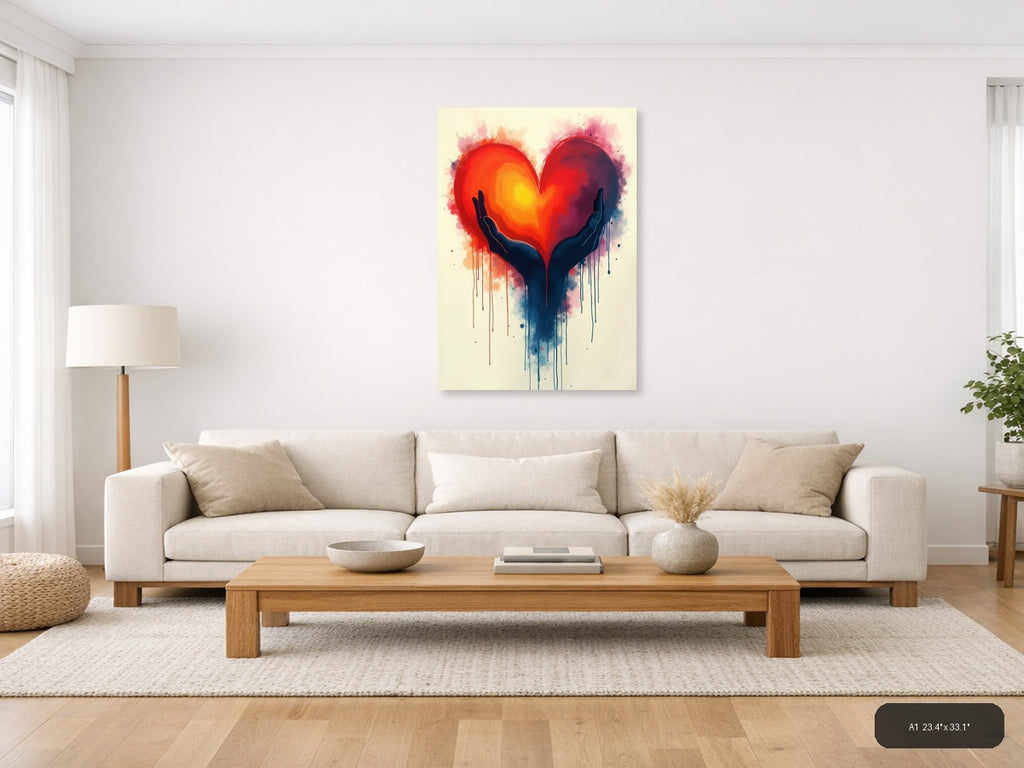 Hands Holding Glowing Heart Abstract Watercolor Wall Art — A1 / Living Room