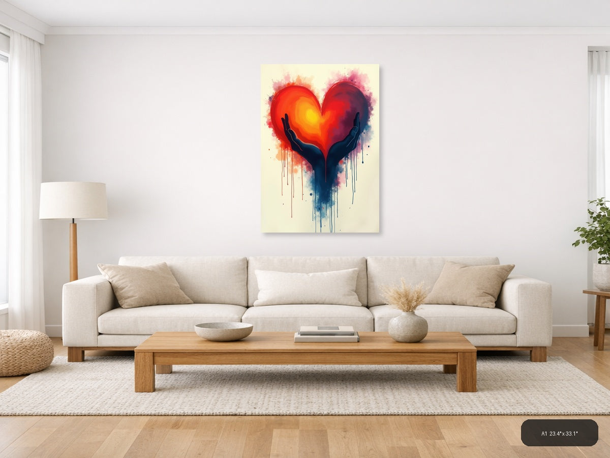 Hands Holding Glowing Heart Abstract Watercolor Wall Art — A1 / Living Room