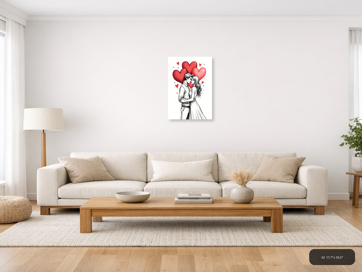 Couple Kissing Line Art with Red Hearts Wall Art — A3 / Living Room