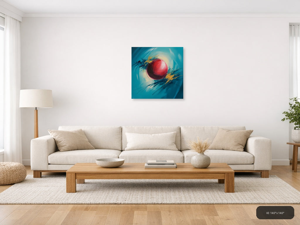 Red Sphere Abstract Turquoise Motion Wall Art — A3 / Living Room