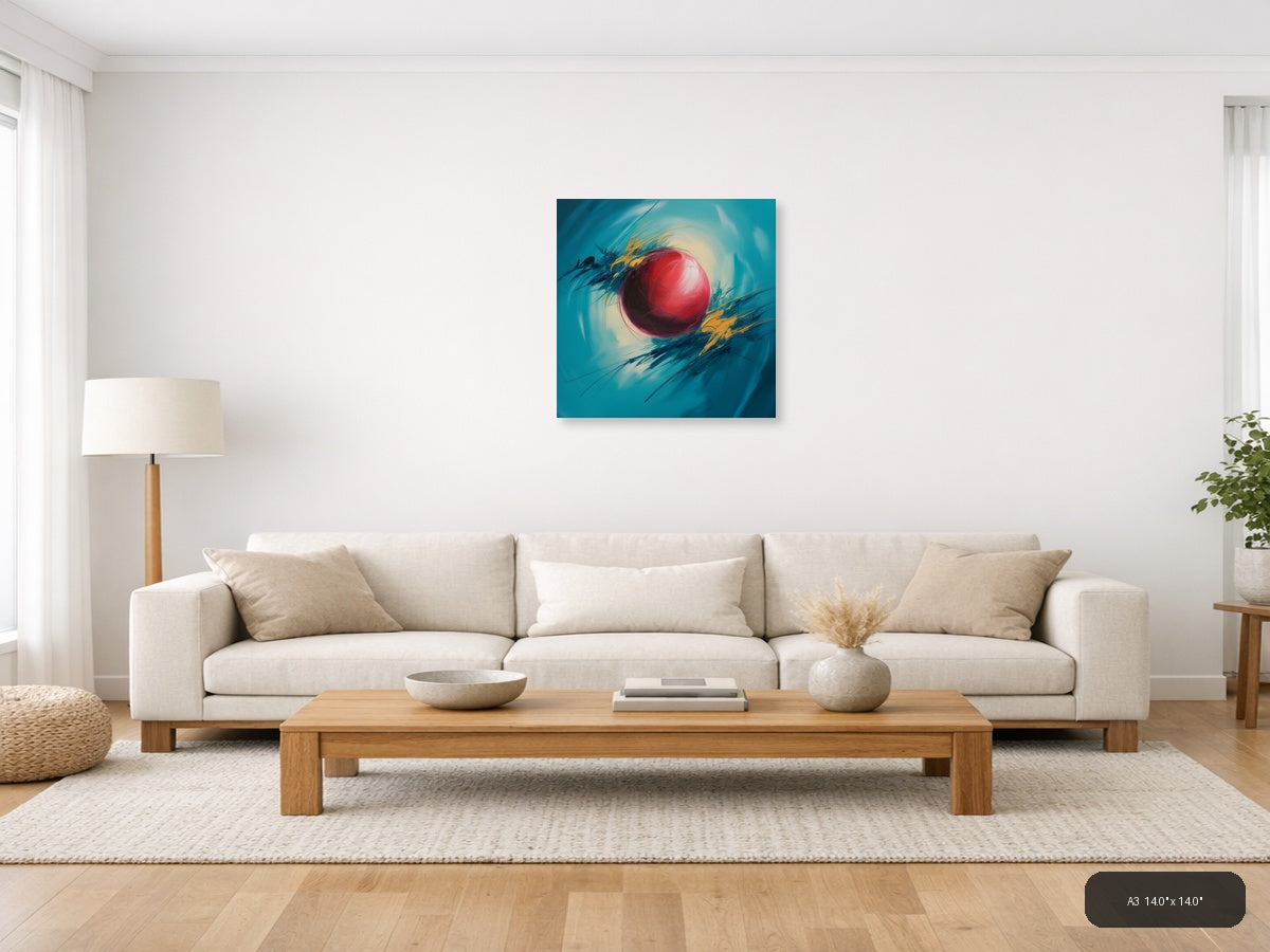 Red Sphere Abstract Turquoise Motion Wall Art — A3 / Living Room