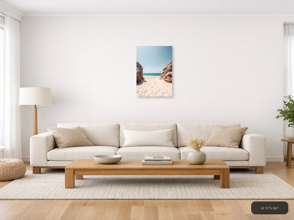 Minimalist Beach Cove Between Rock Formations Wall Art — A3 / Living Room