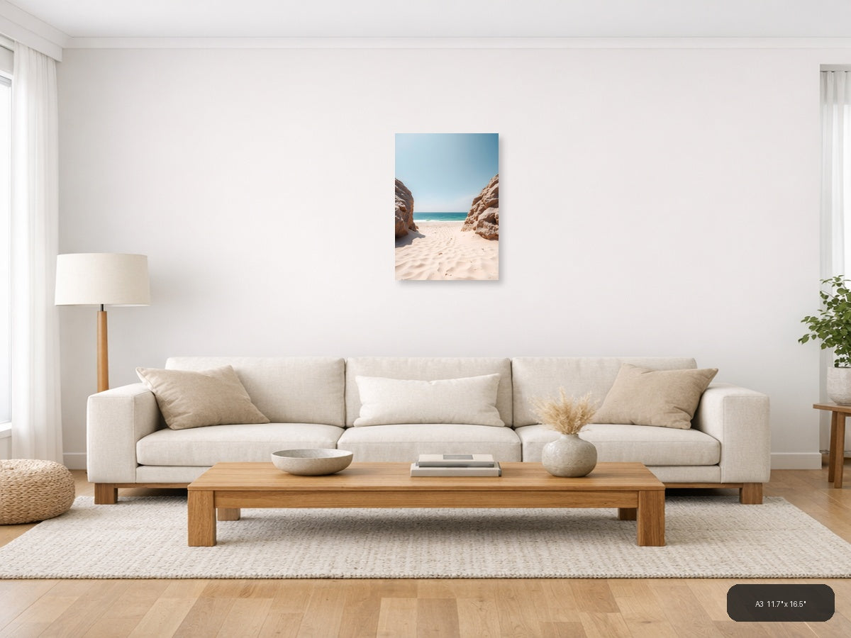 Minimalist Beach Cove Between Rock Formations Wall Art — A3 / Living Room