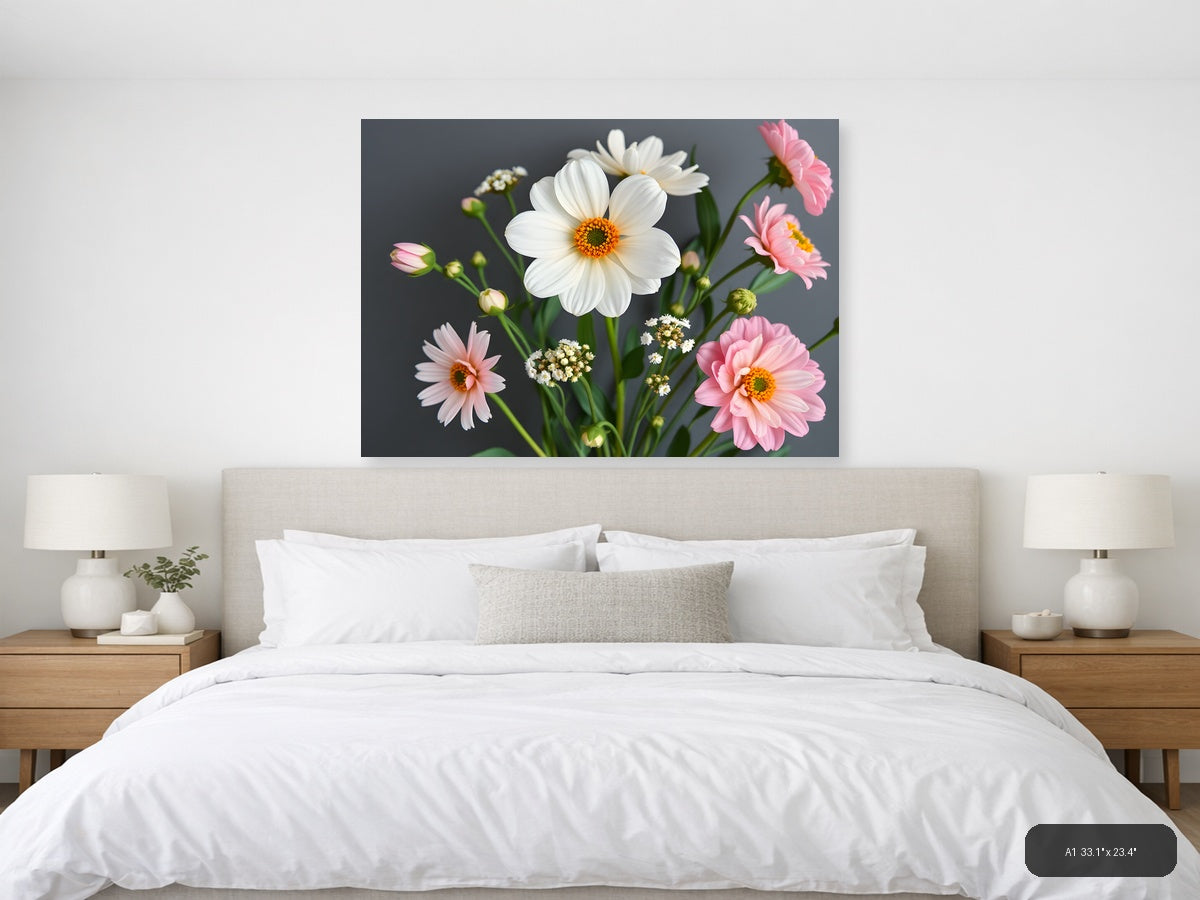 White Daisy & Pink Gerbera Minimalist Flower Wall Art — A1 / Bedroom