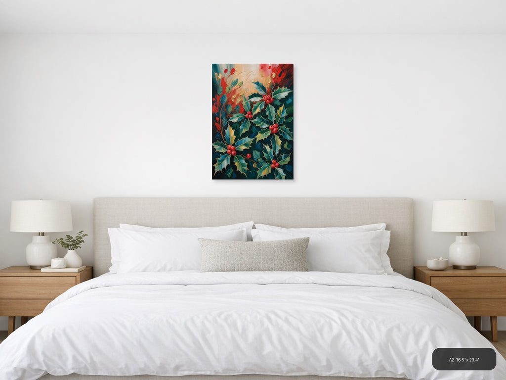 Holly Berry Abstract Botanical Portrait Wall Art — A2 / Bedroom