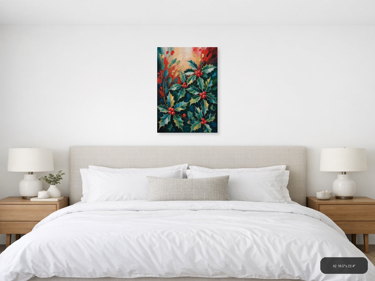 Holly Berry Abstract Botanical Portrait Wall Art — A2 / Bedroom