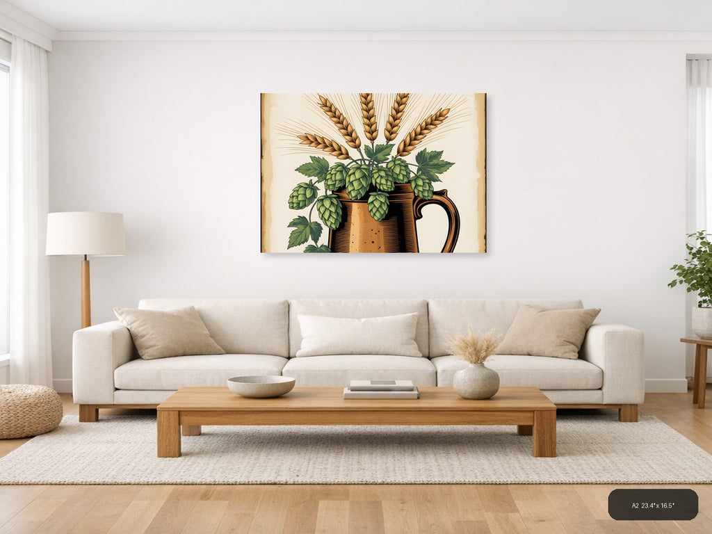 Vintage Beer Hops and Wheat Botanical Wall Art — A2 / Living Room