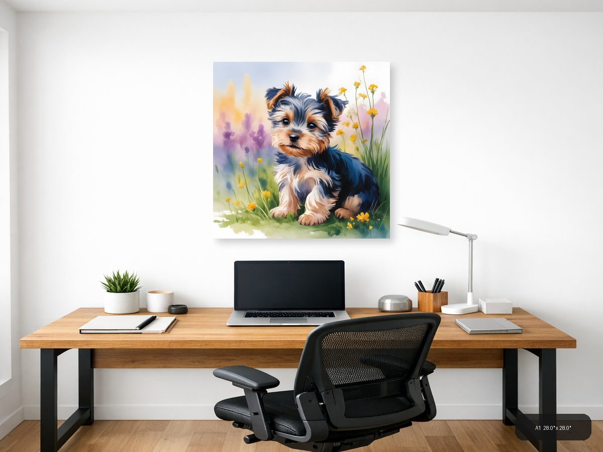 Adorable Puppy with Yellow Flowers Watercolor Wall Art — A1 / Office