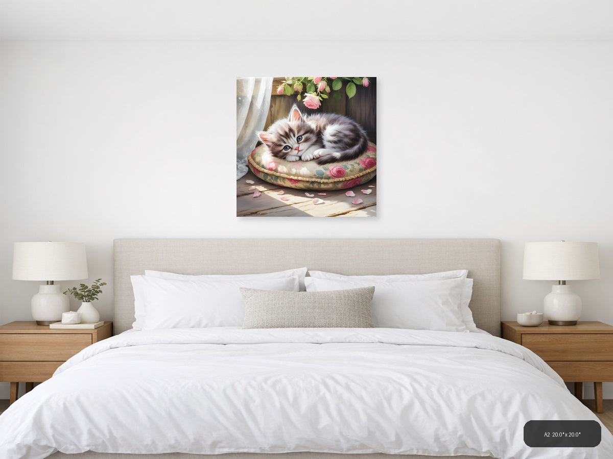 Fluffy Kitten on Floral Bed Watercolor Wall Art — A2 / Bedroom