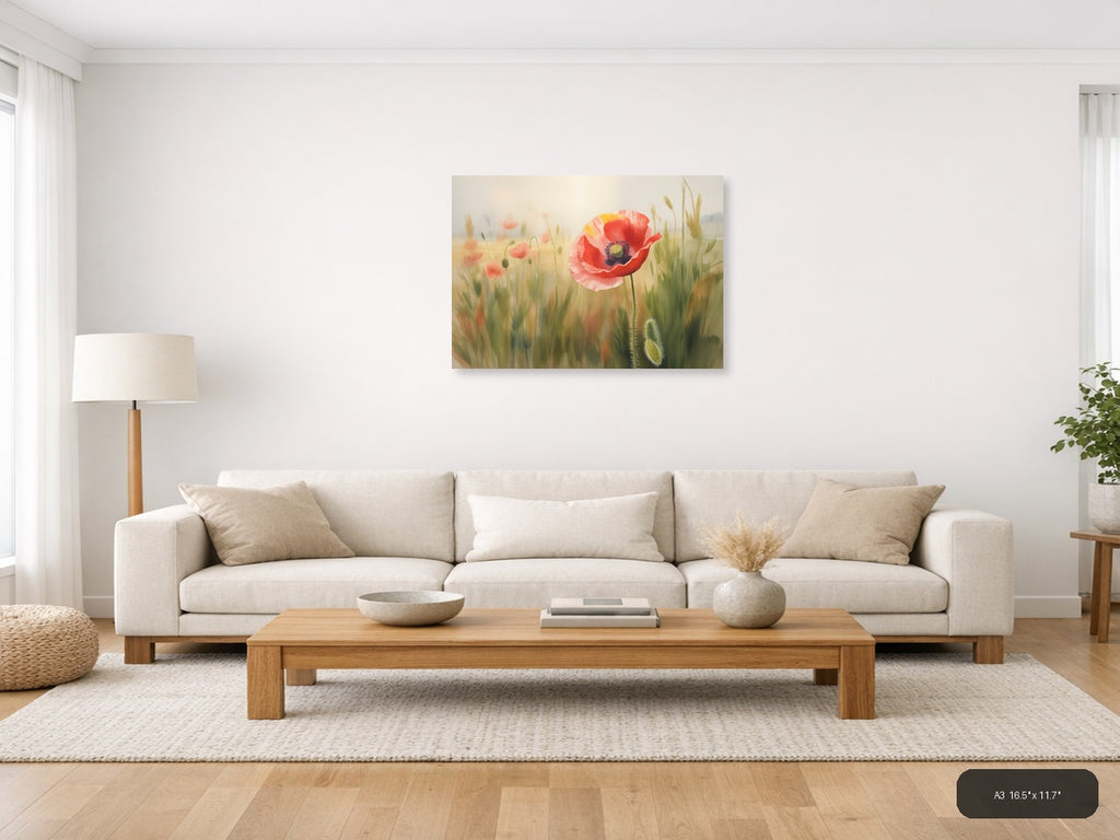 Red Poppy Wildflower Watercolor Landscape Wall Art — A3 / Living Room