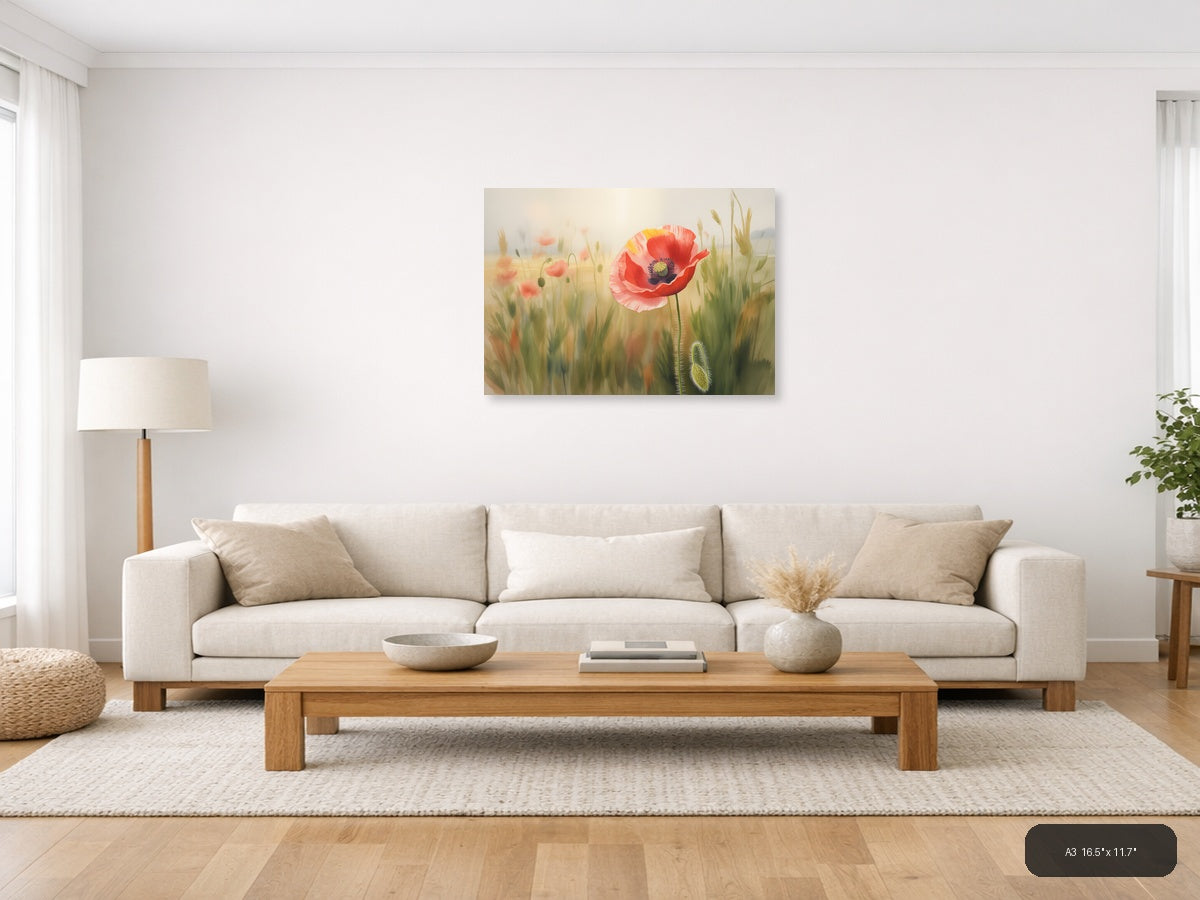 Red Poppy Wildflower Watercolor Landscape Wall Art — A3 / Living Room