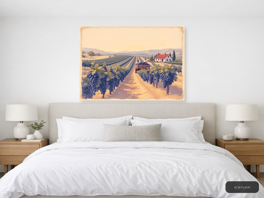 Vintage Tuscan Vineyard Harvest Landscape Wall Art — A1 / Bedroom