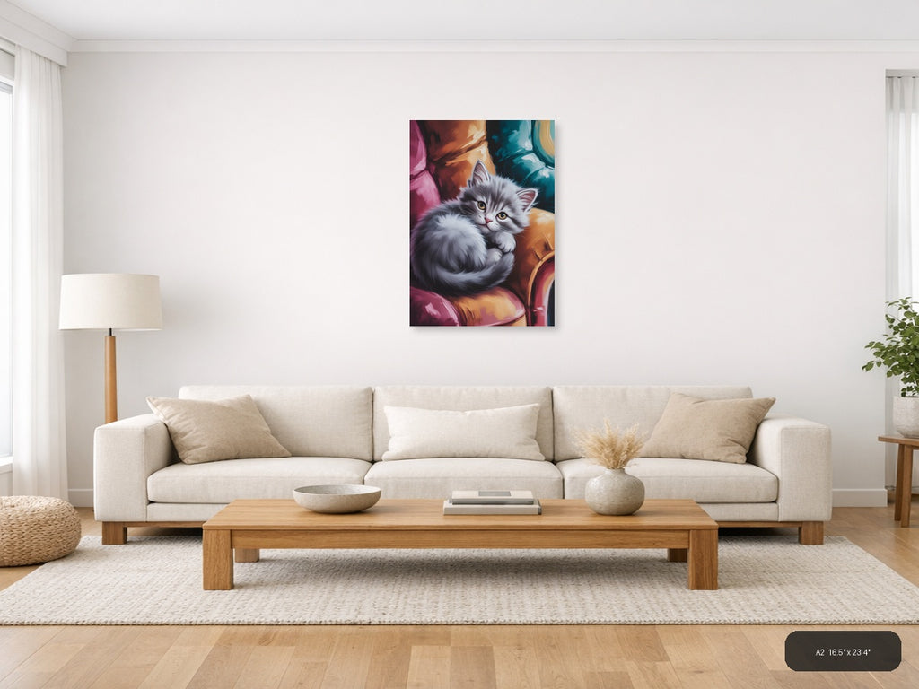 Fluffy White Kitten Abstract Colorful Wall Art — A2 / Living Room