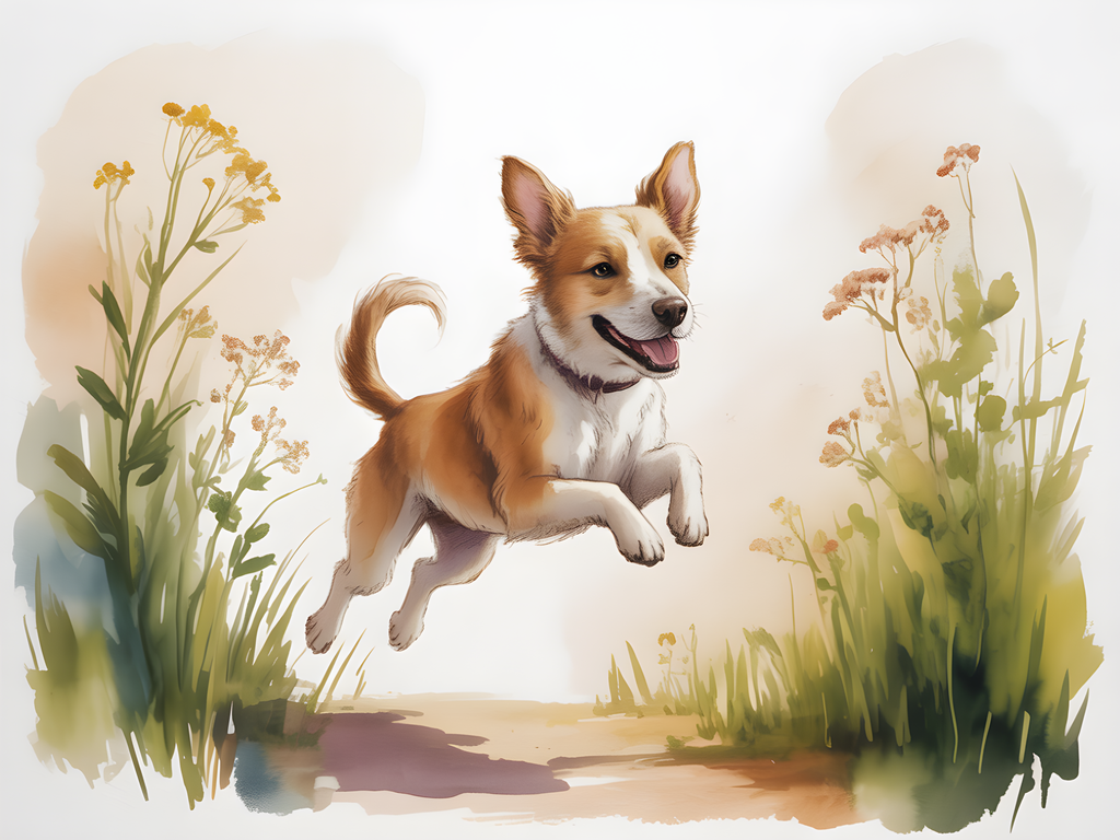 Happy Dog Jumping in Wildflowers Watercolor Wall Art