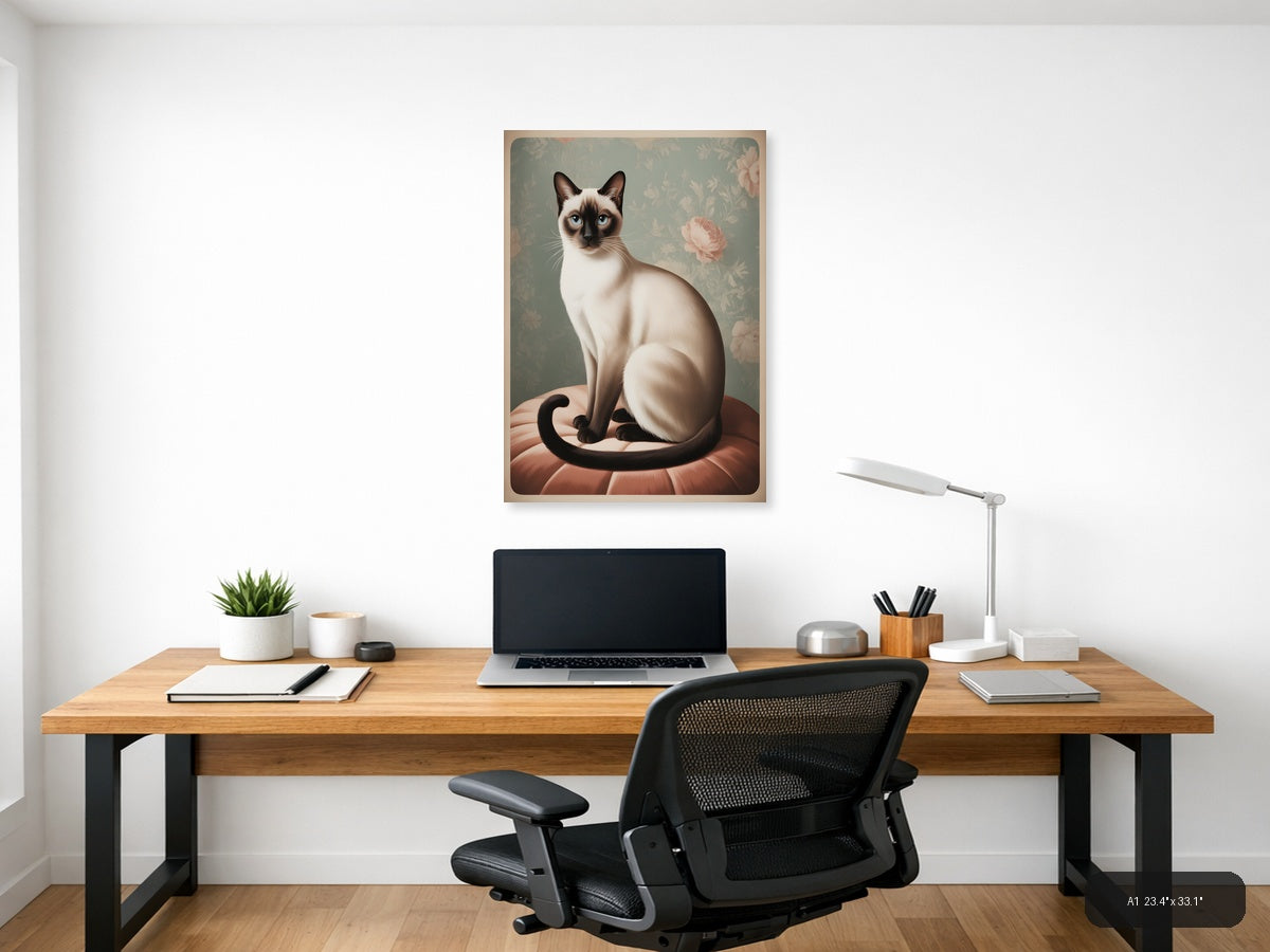 Siamese Cat with Blue Eyes Vintage Portrait Wall Art — A1 / Office