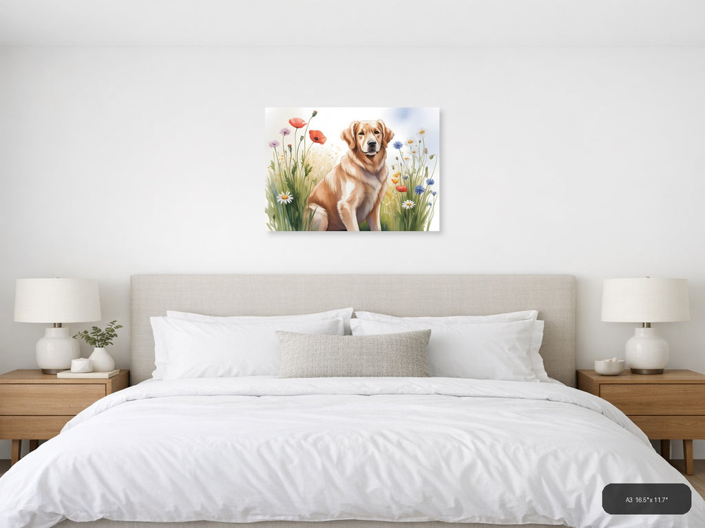 Golden Retriever in Wildflower Field Watercolor Wall Art — A3 / Bedroom