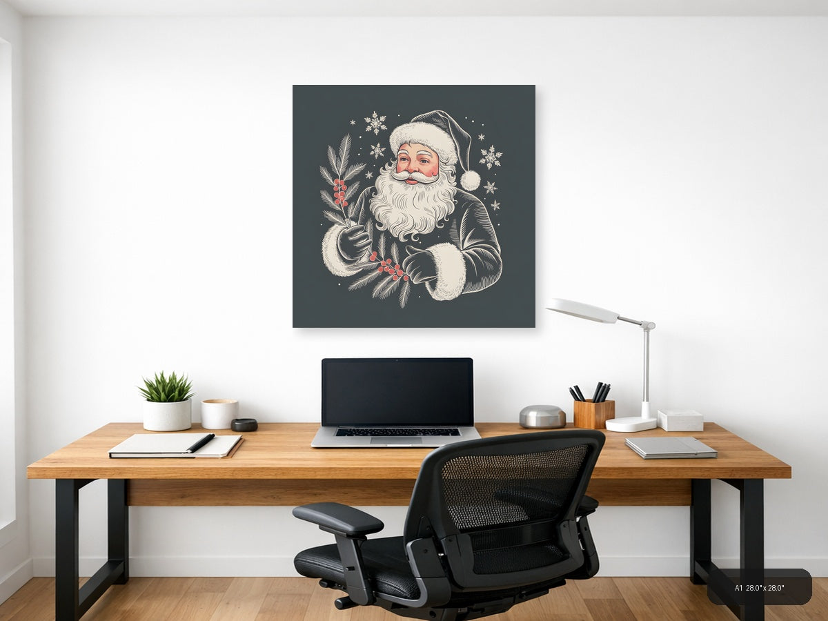 Santa Claus with Holly Line Art Winter Wall Art — A1 / Office