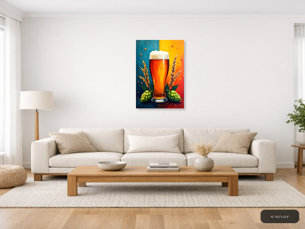 Beer Glass with Hops and Wheat Abstract Wall Art — A2 / Living Room