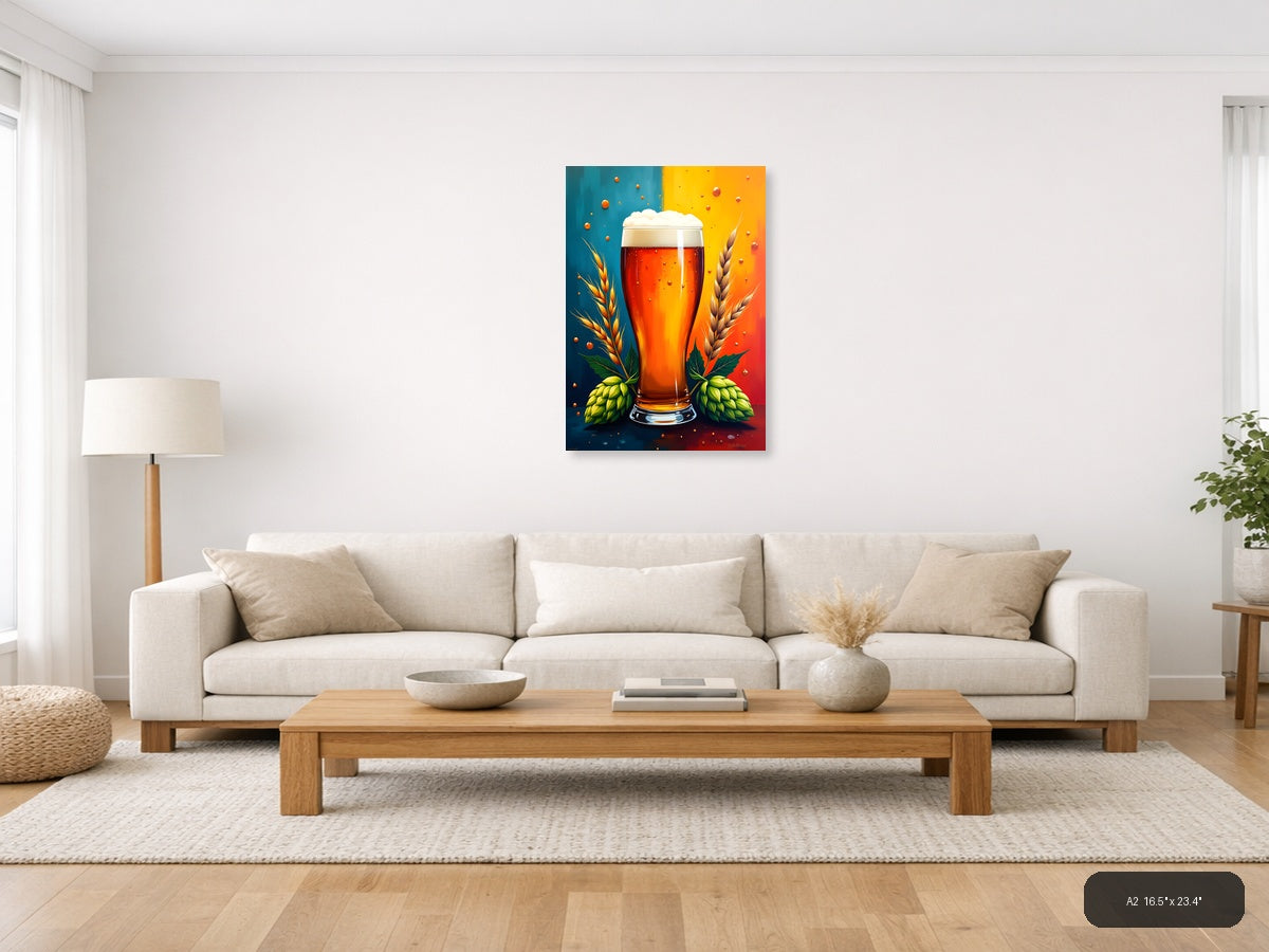 Beer Glass with Hops and Wheat Abstract Wall Art — A2 / Living Room