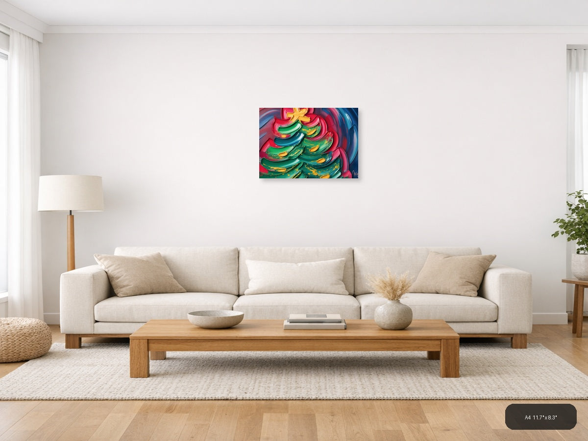 Colorful Abstract Christmas Tree with Neon Brushstrokes Wall Art — A4 / Living Room