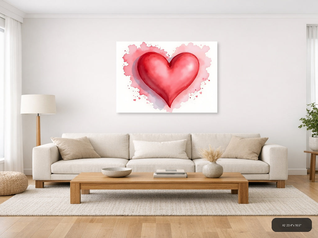 Red Heart Watercolor Splash Modern Wall Art — A2 / Living Room