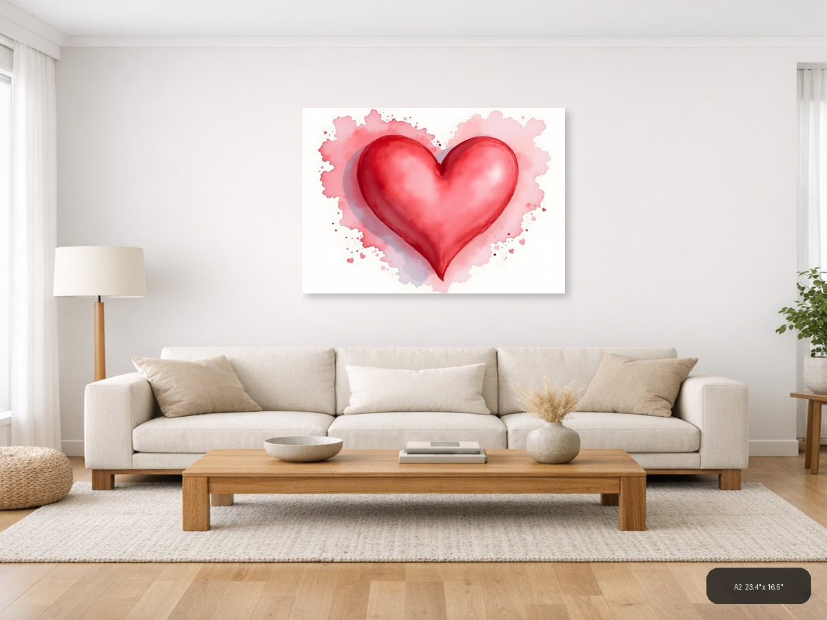 Red Heart Watercolor Splash Modern Wall Art — A2 / Living Room
