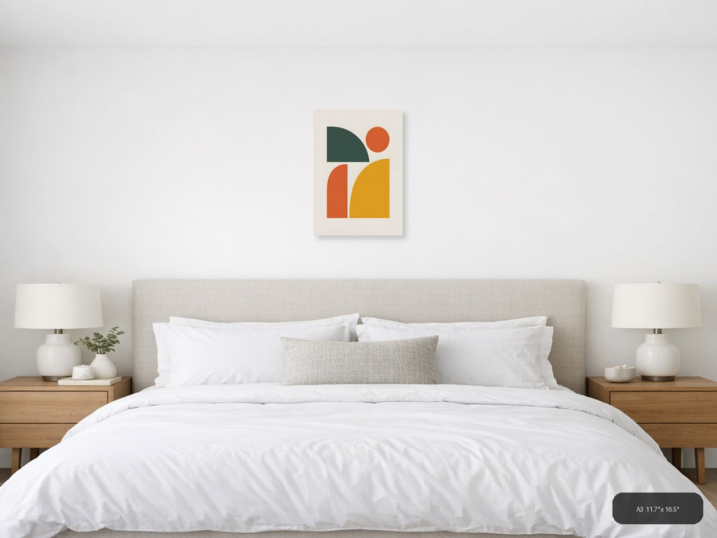 Minimalist Geometric Shapes in Green, Orange & Gold Wall Art — A3 / Bedroom