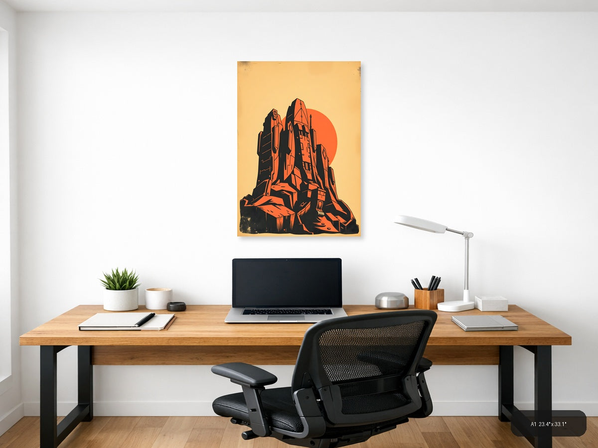 Vintage Futuristic Tower Sunset Orange Black Wall Art — A1 / Office