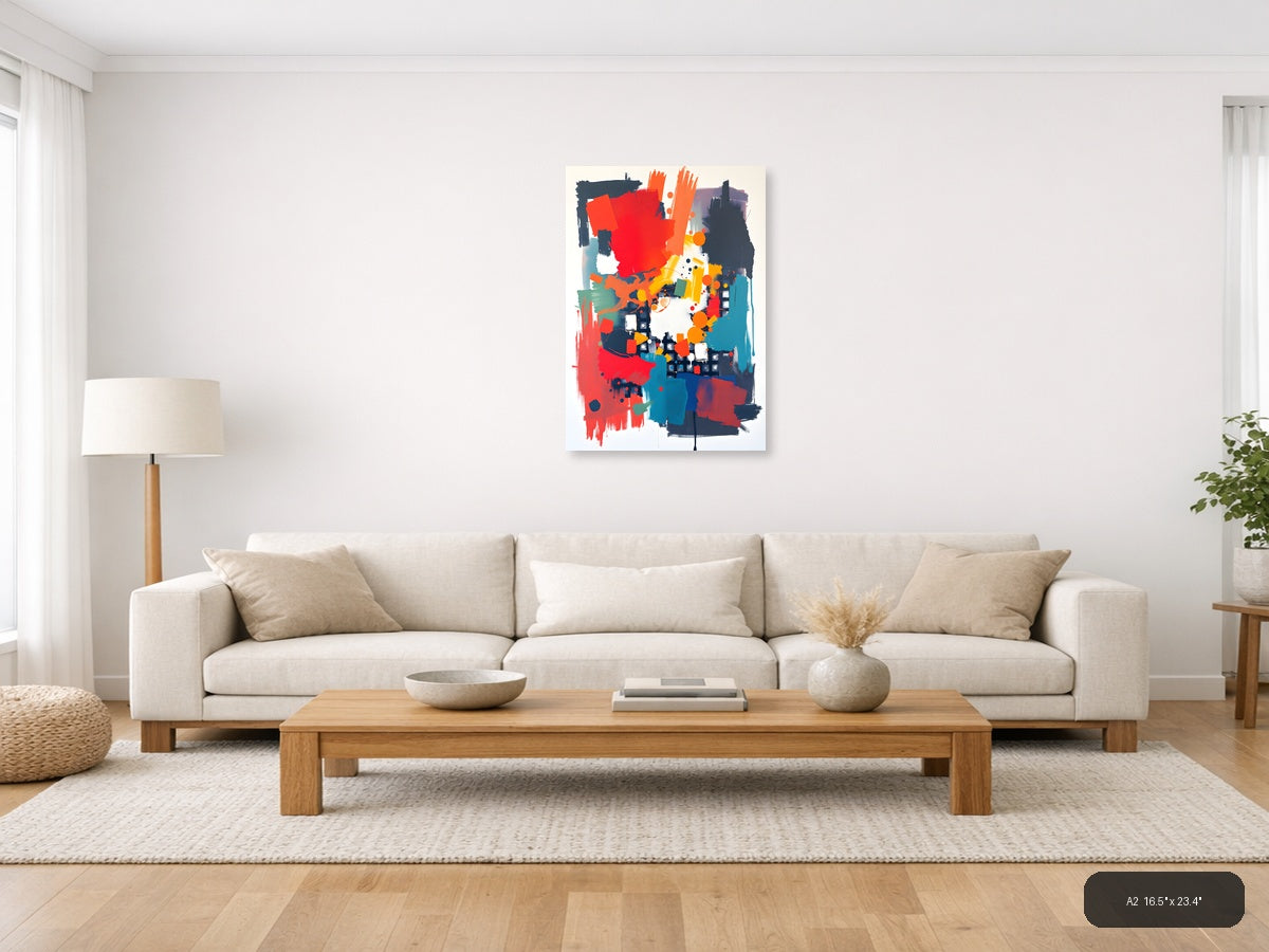 Bold Abstract Composition Red Orange Teal Wall Art — A2 / Living Room