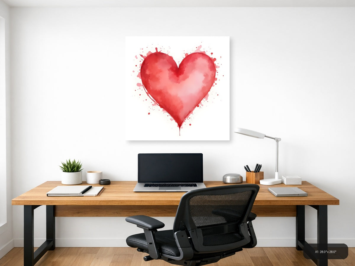 Red Watercolor Heart with Splatter Effect Wall Art — A1 / Office