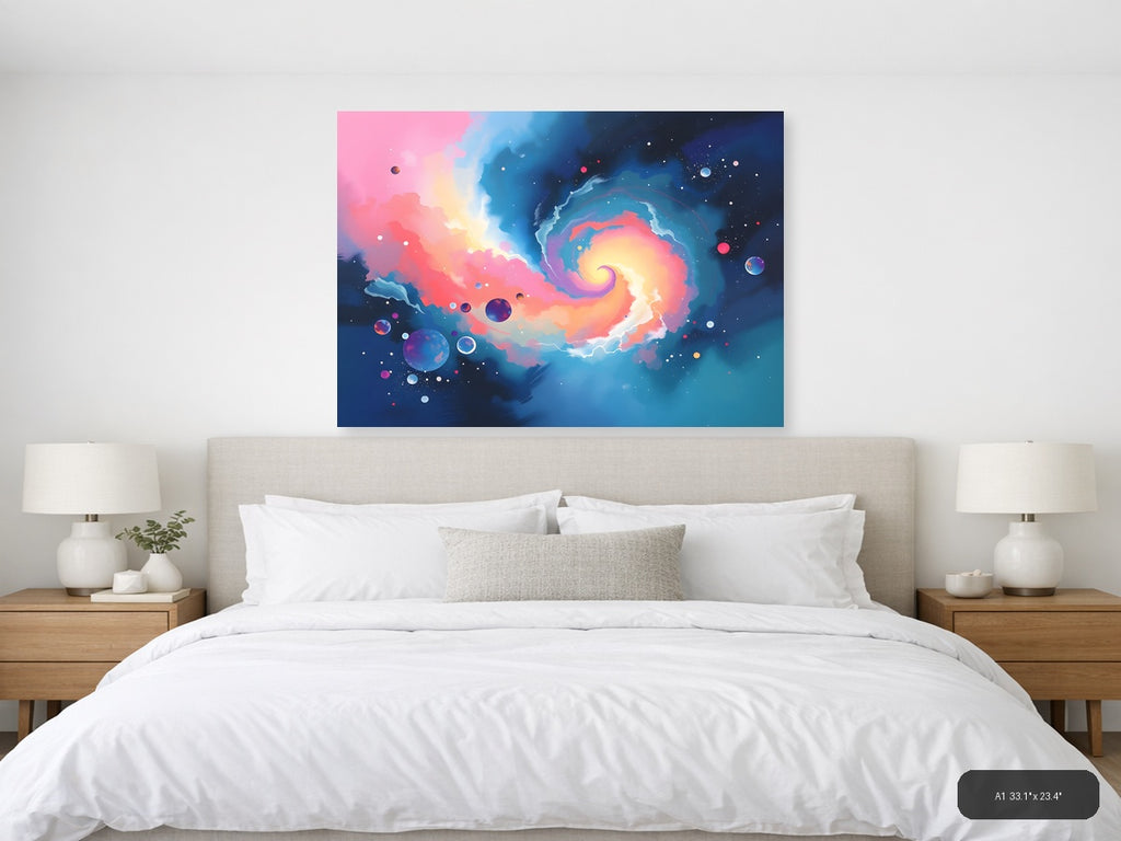 Cosmic Spiral Galaxy Abstract Pink Blue Wall Art — A1 / Bedroom