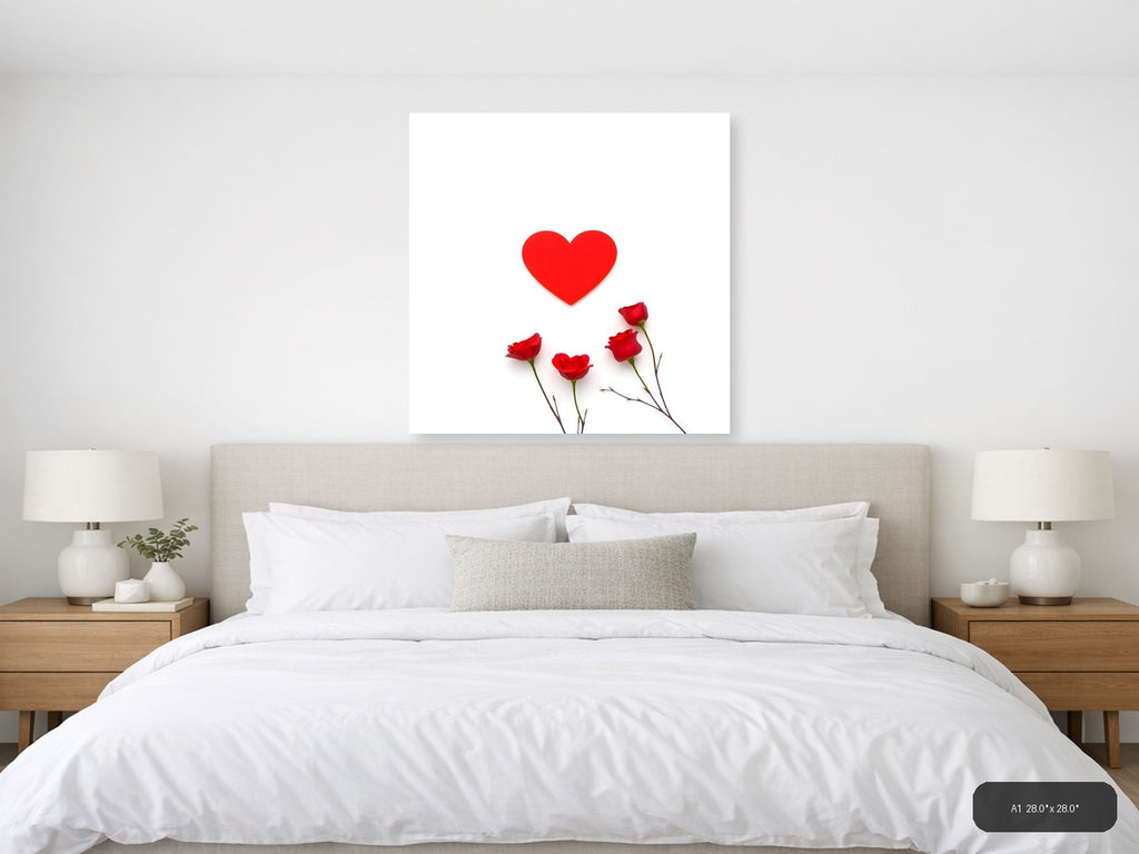 Red Heart with Roses Minimalist Wall Art — A1 / Bedroom