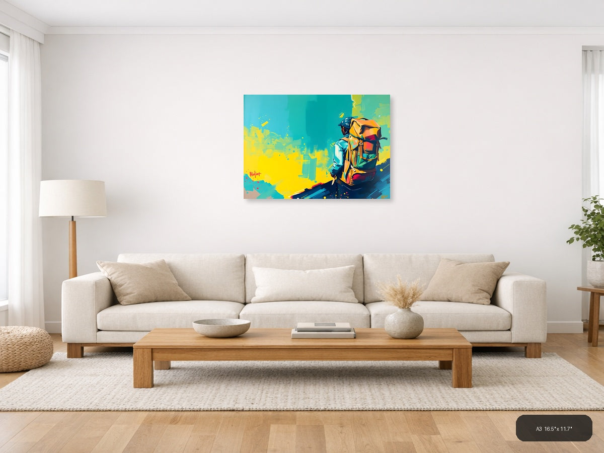 Colorful Adventurer with Backpack Abstract Wall Art — A3 / Living Room