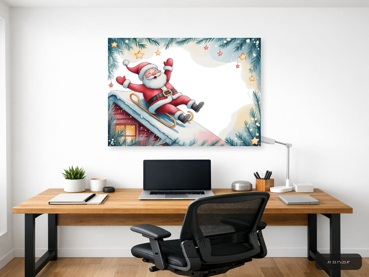 Santa Sledding Watercolor Christmas Wall Art — A1 / Office
