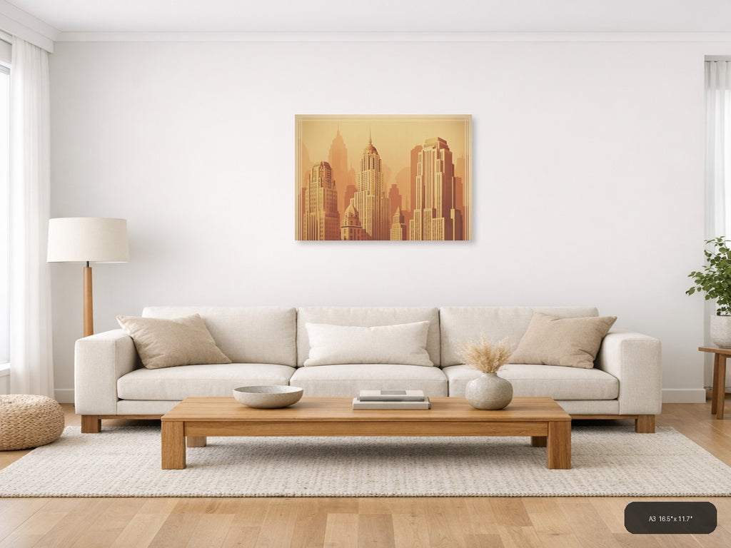 Vintage Art Deco Skyline - Golden City Towers Wall Art — A3 / Living Room