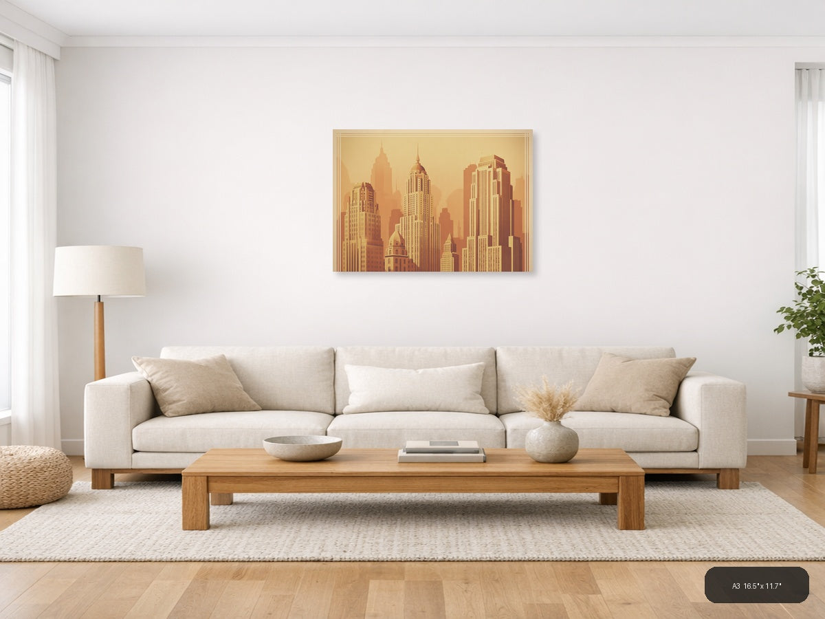 Vintage Art Deco Skyline - Golden City Towers Wall Art — A3 / Living Room