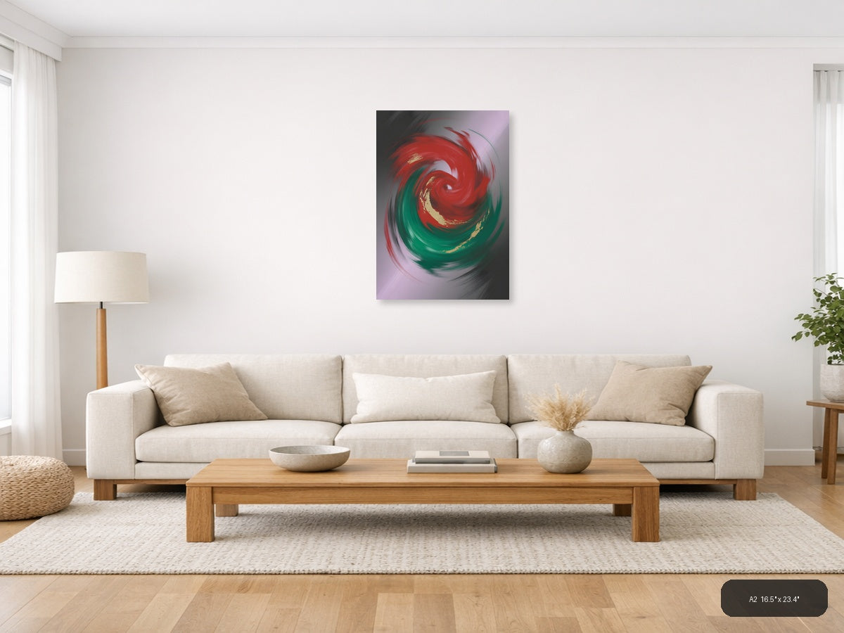 Red and Green Swirl Abstract Gold Accent Wall Art — A2 / Living Room