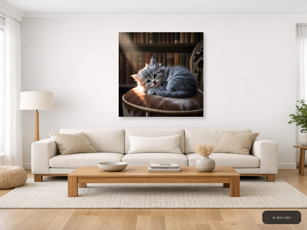 Fluffy Gray Kitten on Cushion Photography Wall Art — A1 / Living Room
