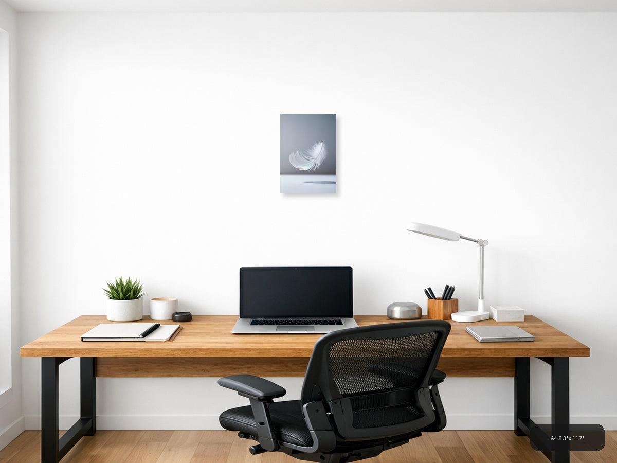 White Feather with Iridescent Glow Minimalist Wall Art — A4 / Office