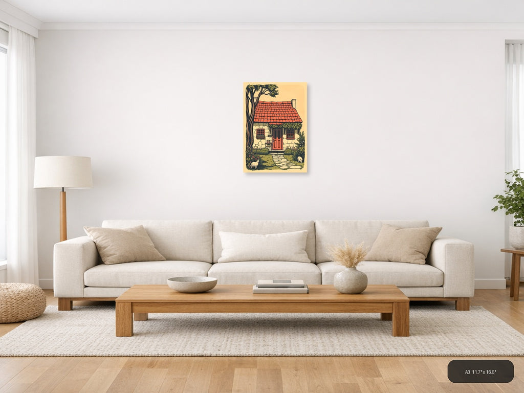 Vintage Cottage with Red Roof and Tree Wall Art — A3 / Living Room