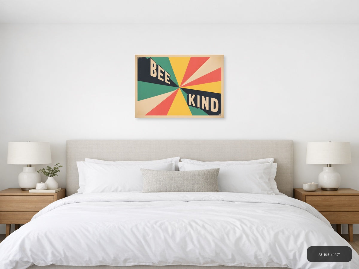 Vintage Retro 'Bee Kind' Sunburst Typography Wall Art — A3 / Bedroom