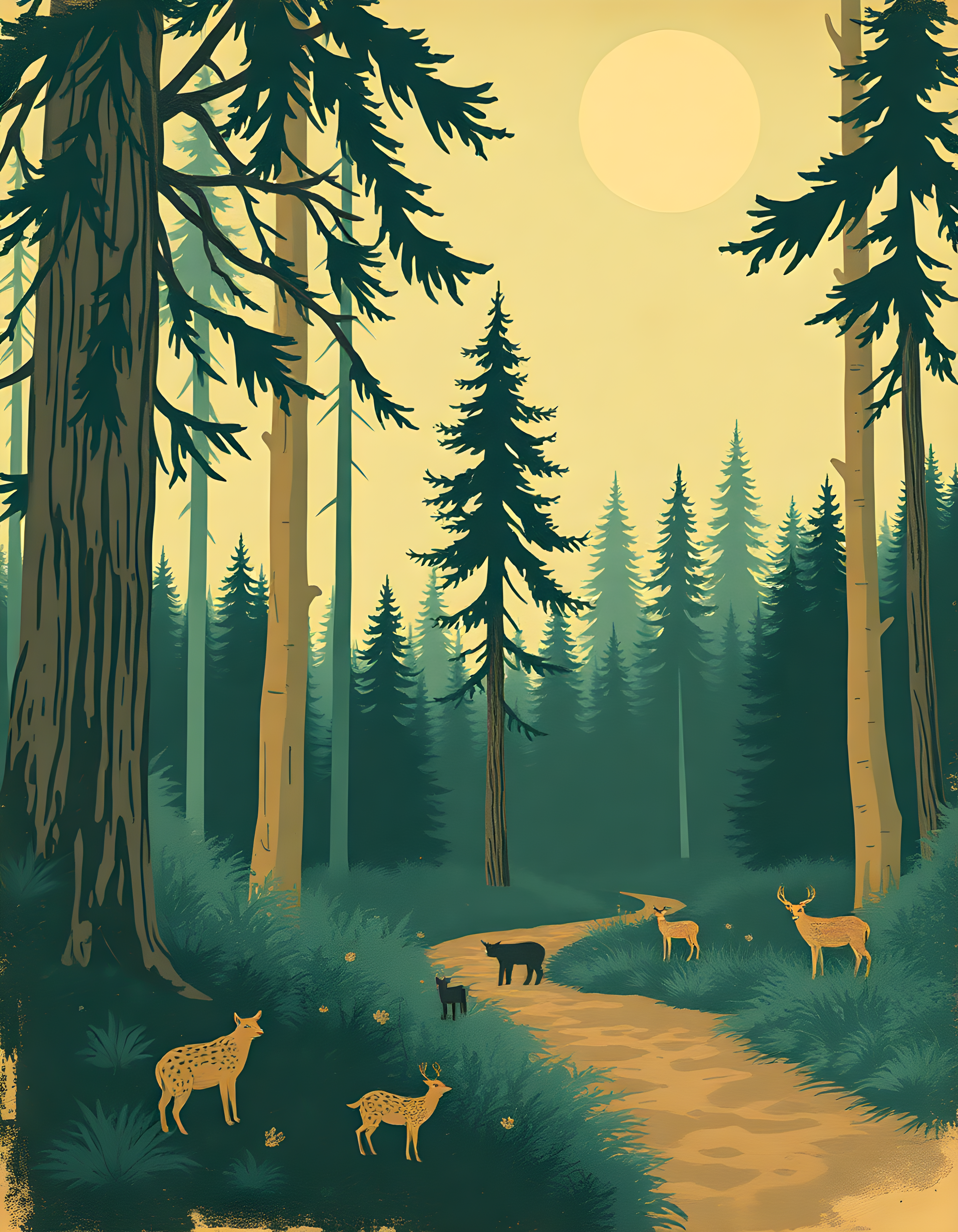 Vintage Forest Wildlife Path Landscape Wall Art